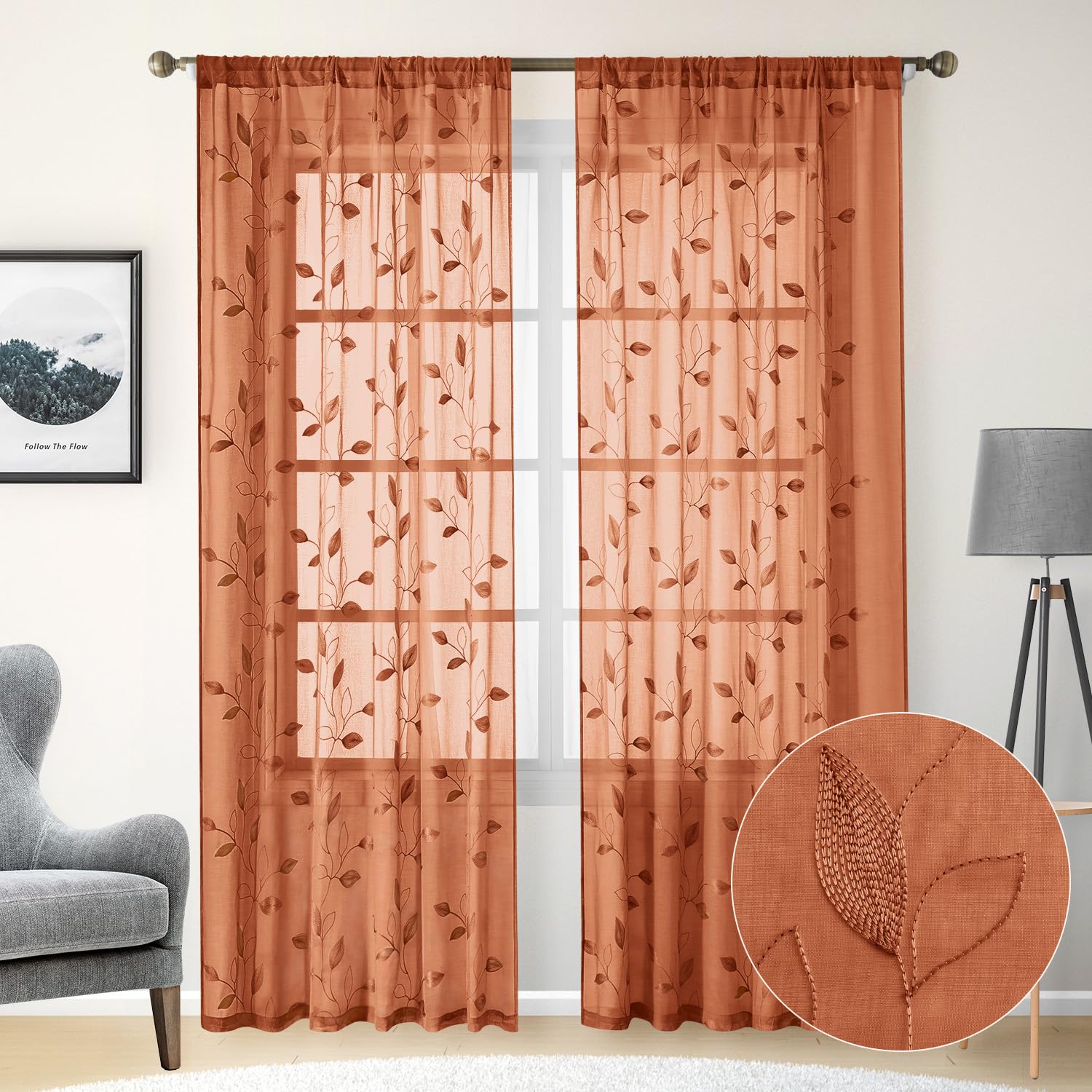 Homeideas Burnt Orange Sheer Curtains 96 Inches Long 2 Panels Embroidered Floral Sheer Pattern Curtains Semi Sheer Window Curtains For Bedroom Living Room